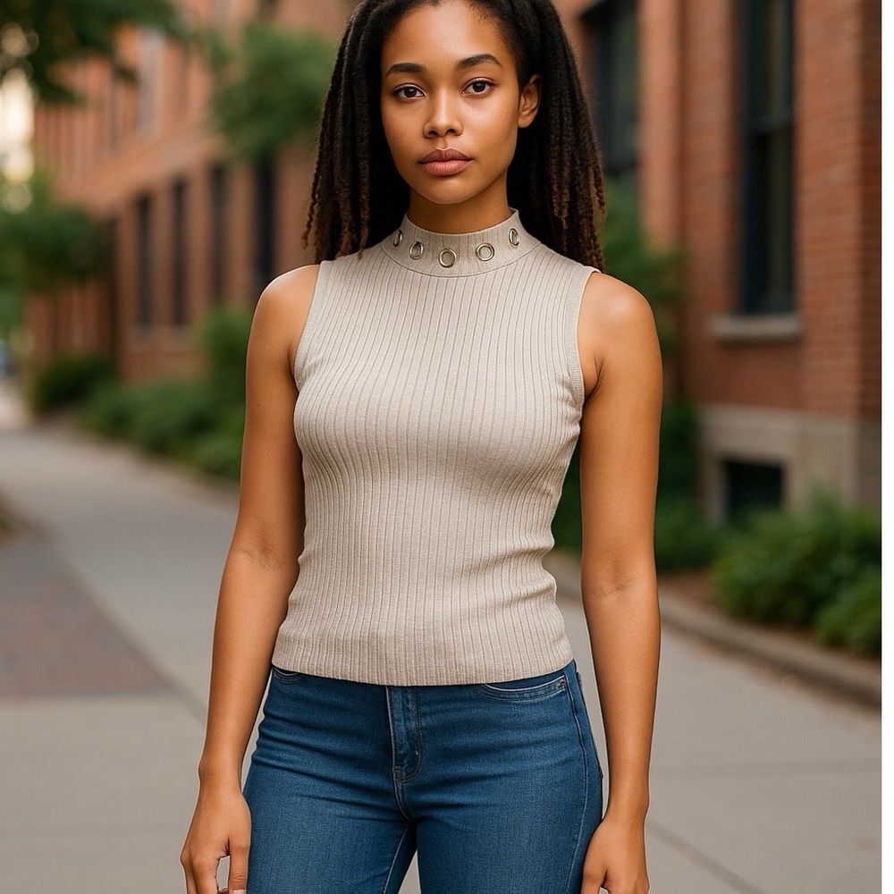 89th & Madison Cream Ribbed Fitted Tank Top